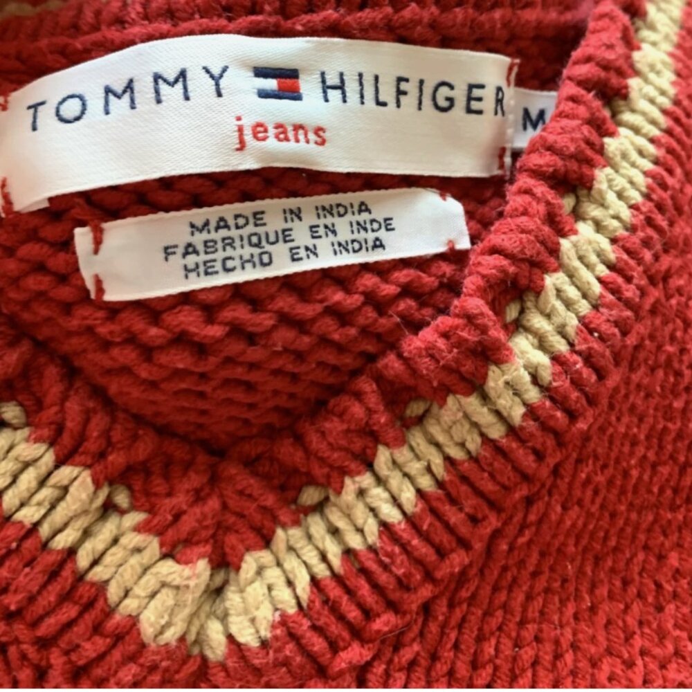 Vintage Tommy Hilfiger Jeans Red V-Neck Pullover Sweater Tan Trim Women’s M‎ - Picture 3 of 7
